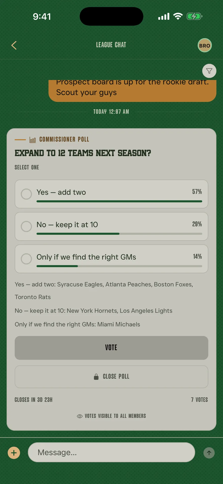 A commissioner's poll in league chat asking whether to expand to twelve teams next season, with live percentages across three options, the teams that picked each one, a vote button and a countdown to when it closes